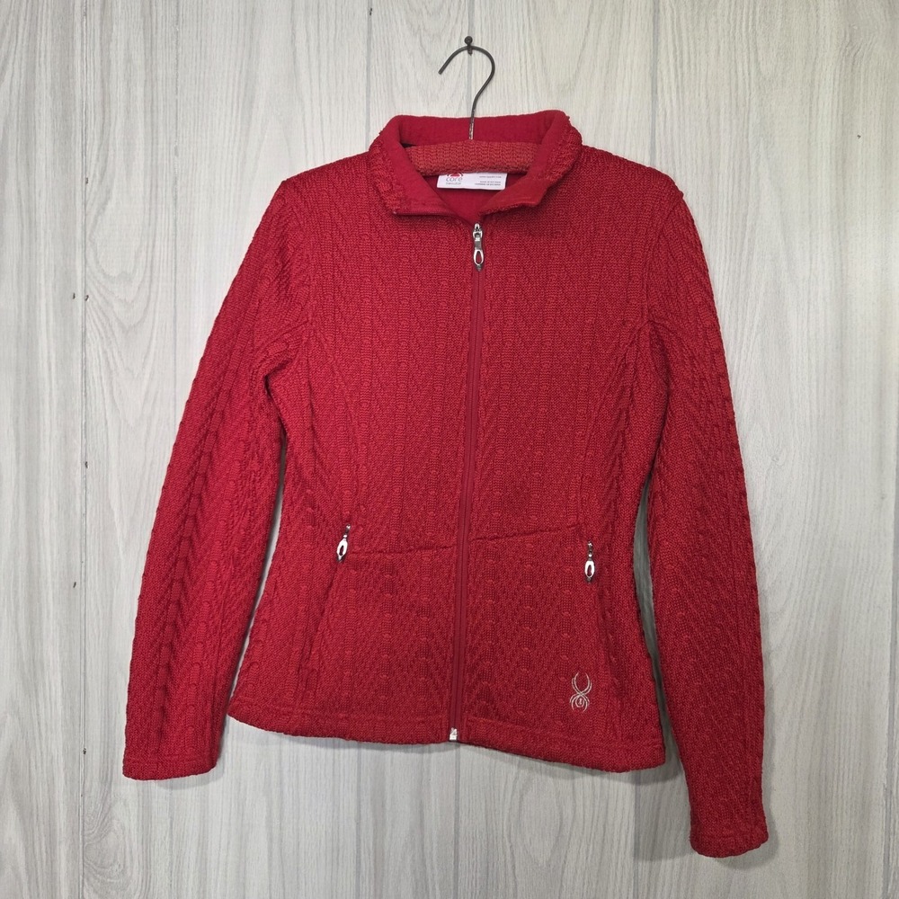 Spyder Major Cable Core Sweater Womens Sz S Red Front Zip Pockets